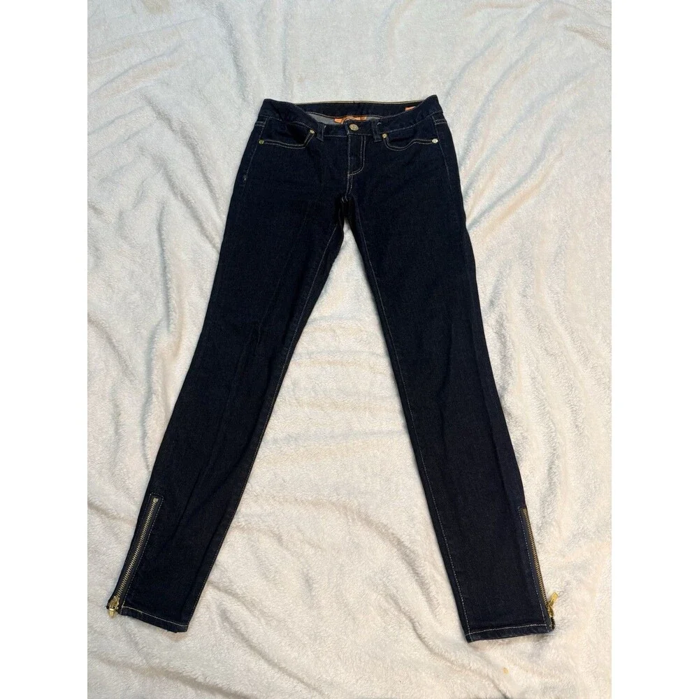 Tory Burch Women's Cropped Slim Dark Wash Low Rise Jeans Size 25 Denim Zip Hem